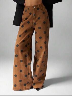 Brown Wide-Leg Polka Dot Pants